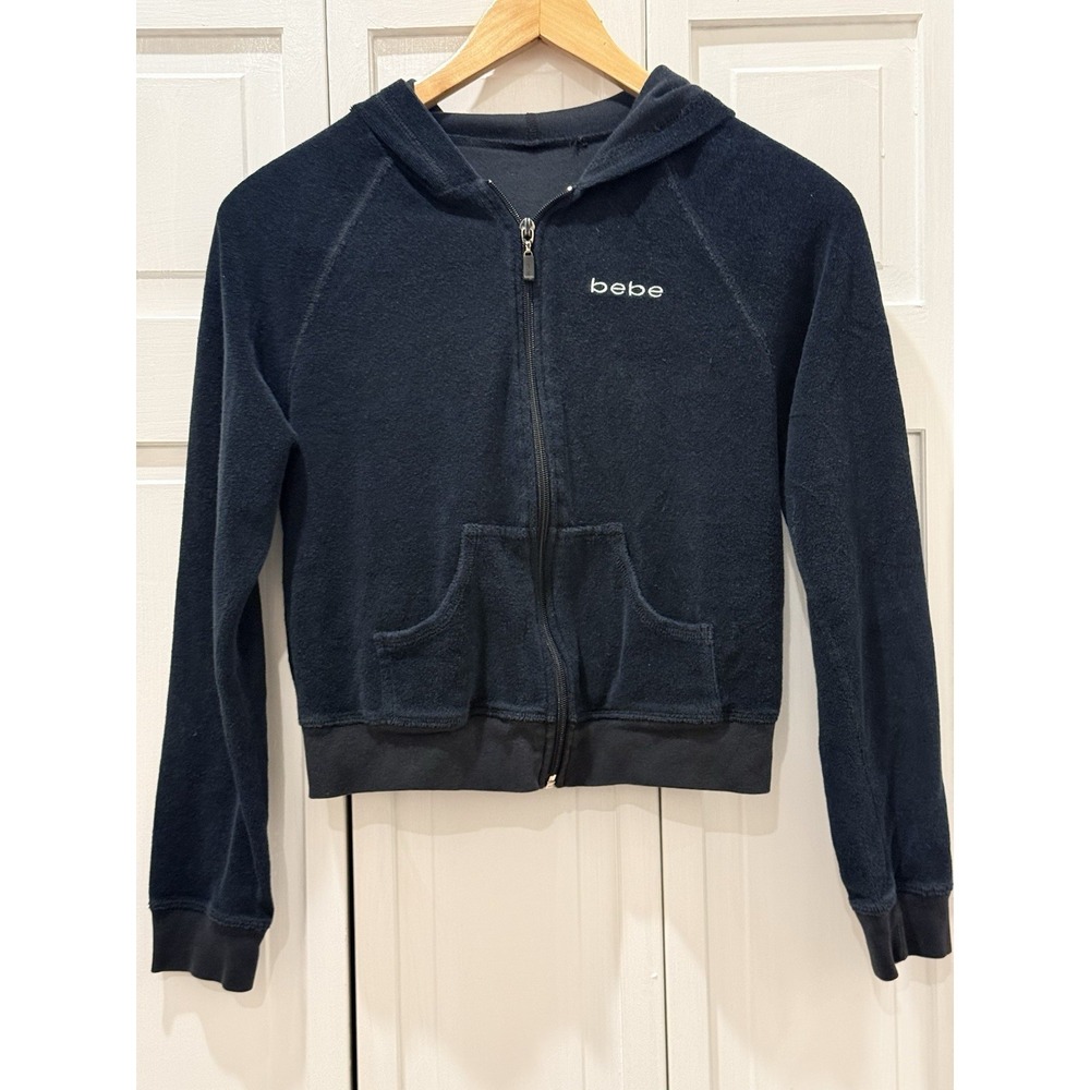 VTG Y2K bebe Terry Cloth Black Full‎ Zip Cropped Hoodie Wmns S Sporty Atheisure